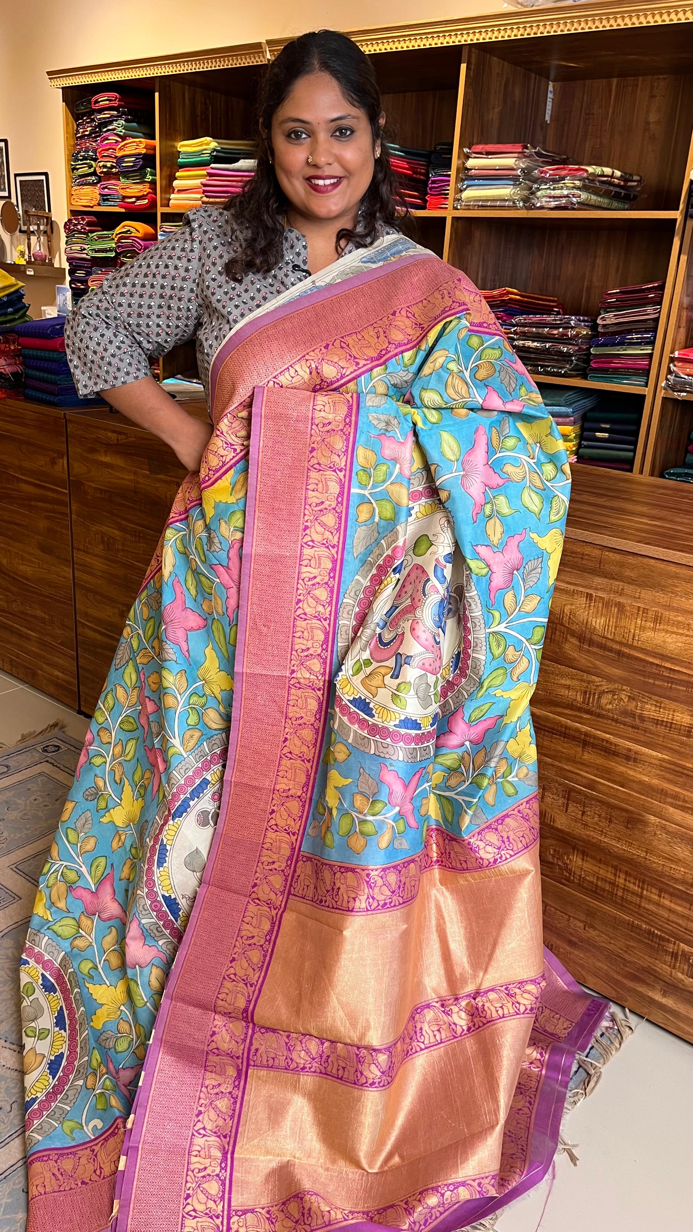 Pen Kalamkari in Benaras Silk - 02-03-02-01