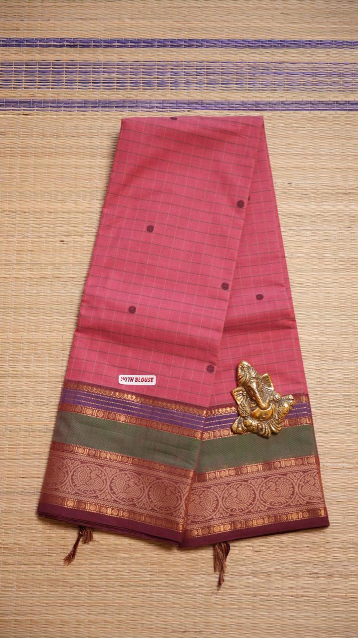 Kanchi Cotton Kattam Saree - 01-03-05-11 (Lychee Juice)