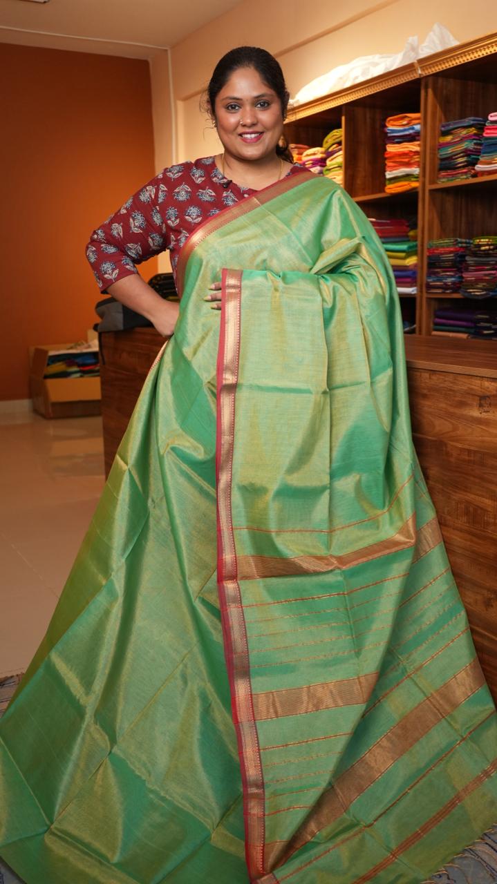 Maheshwari Silk Cotton Plain Tissue Saree - 05-02B-05-07 (MINT MATTE)