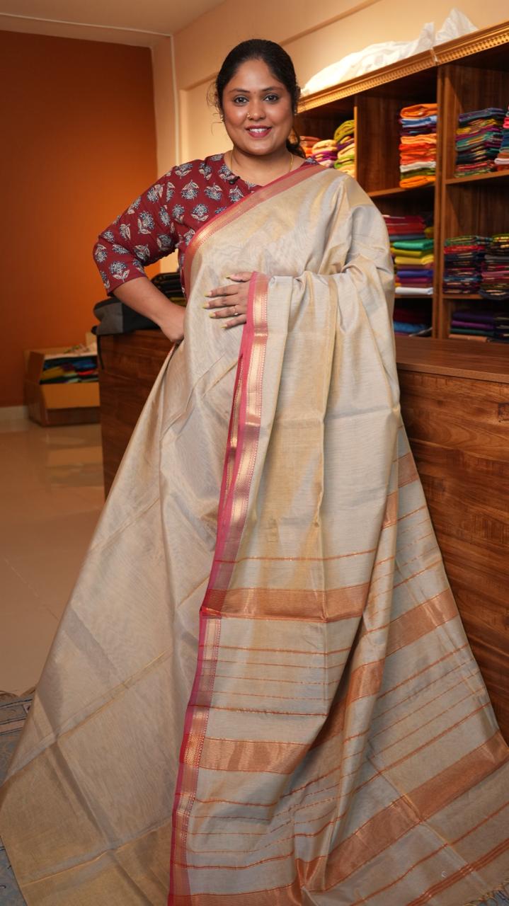 Maheshwari Silk Cotton Plain Tissue Saree - 05-02B-05-09 (NUDE SILK)