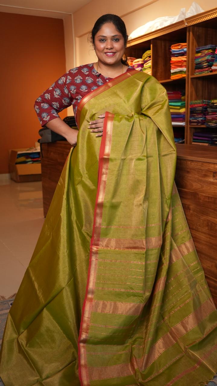Maheshwari Silk Cotton Plain Tissue Saree - 05-02B-05-06 (PISTACHIO CREAM)