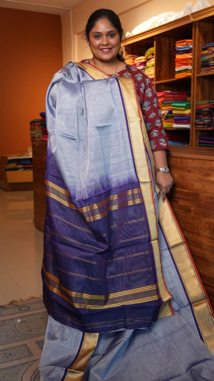 Devendra 10.5 Yards Madisar Mayil Kan Border - 12-03D-04-10.5Y-01 (FROZEN GRACE)