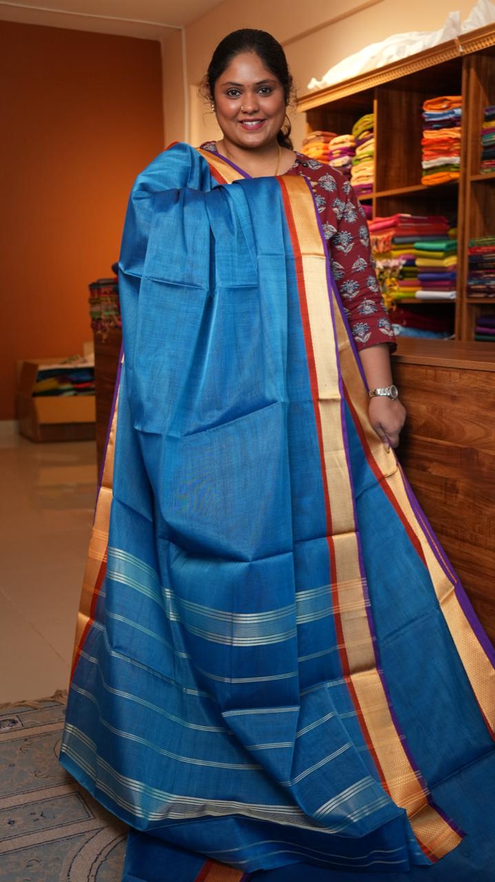 Devendra 10.5 Yards Madisar Mayil Kan Border - 12-03C-06-10.5Y-02 (BLUE HORIZON)