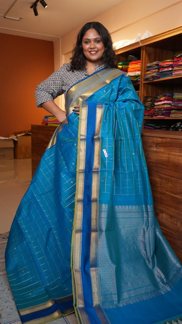 Kanchivaram Mercerised Cotton Saree - 01-03-10-03 (CHARUKESI BLUE)