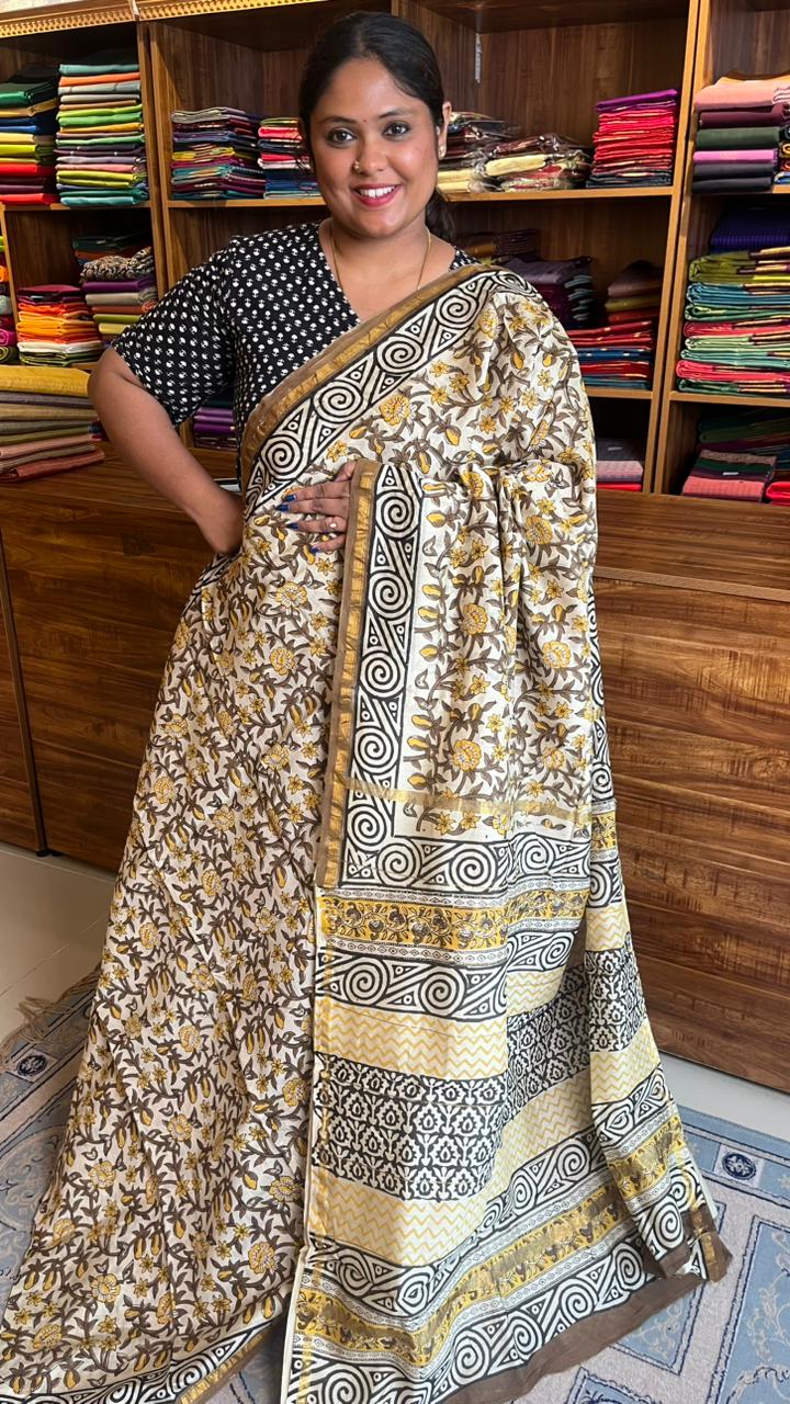 Chanderi Handblock Print Saree - 51-02-01-38