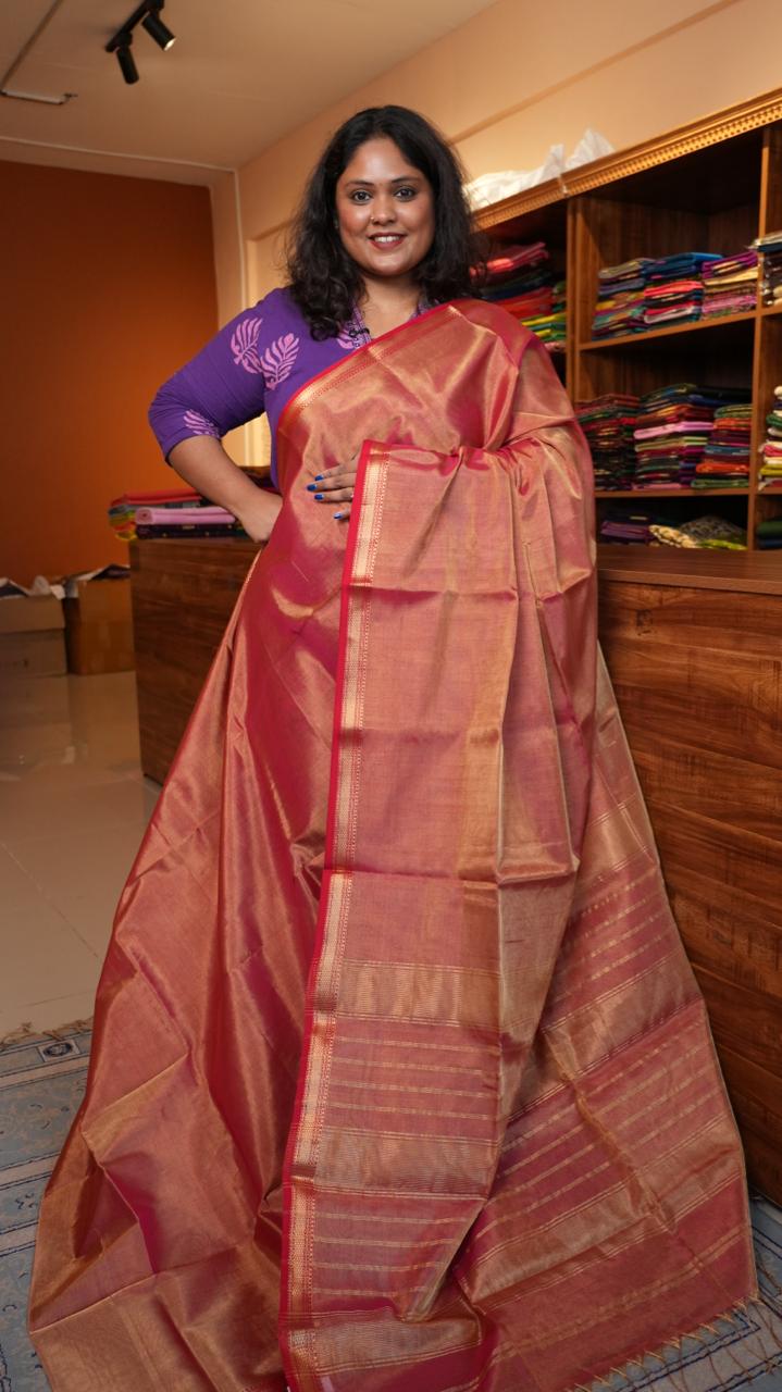 Maheshwari Silk Cotton Tissue with Border Saree - 05-02B-05-02  (GOLDEN PINK)