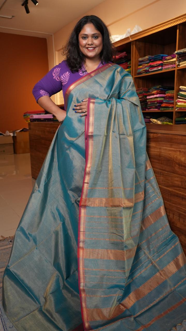 Maheshwari Silk Cotton Tissue with Border Saree - 05-02B-05-11 (GOLDEN BLUE)