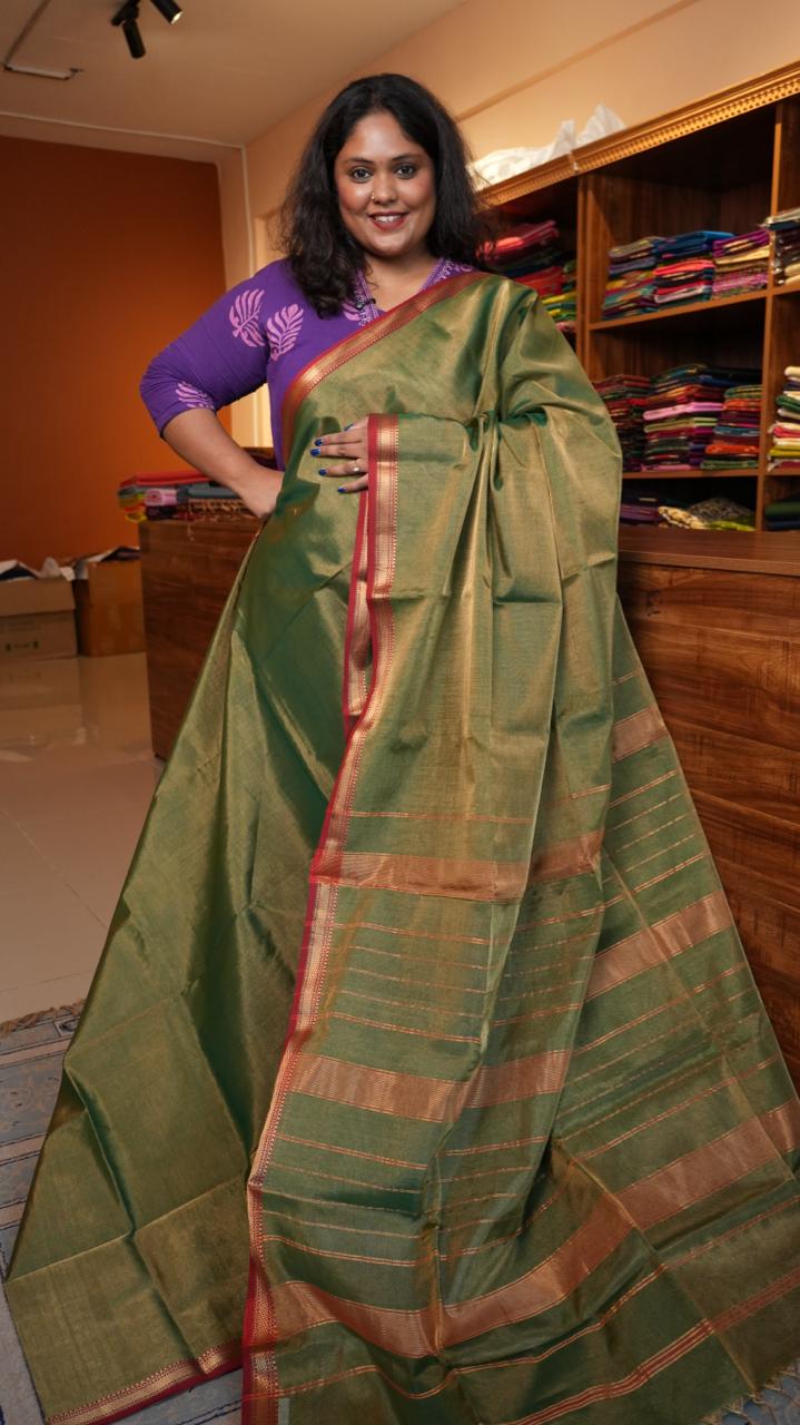 Maheshwari Silk Cotton Tissue with Border Saree - 05-02B-05-17  (GOLDEN GREEN)