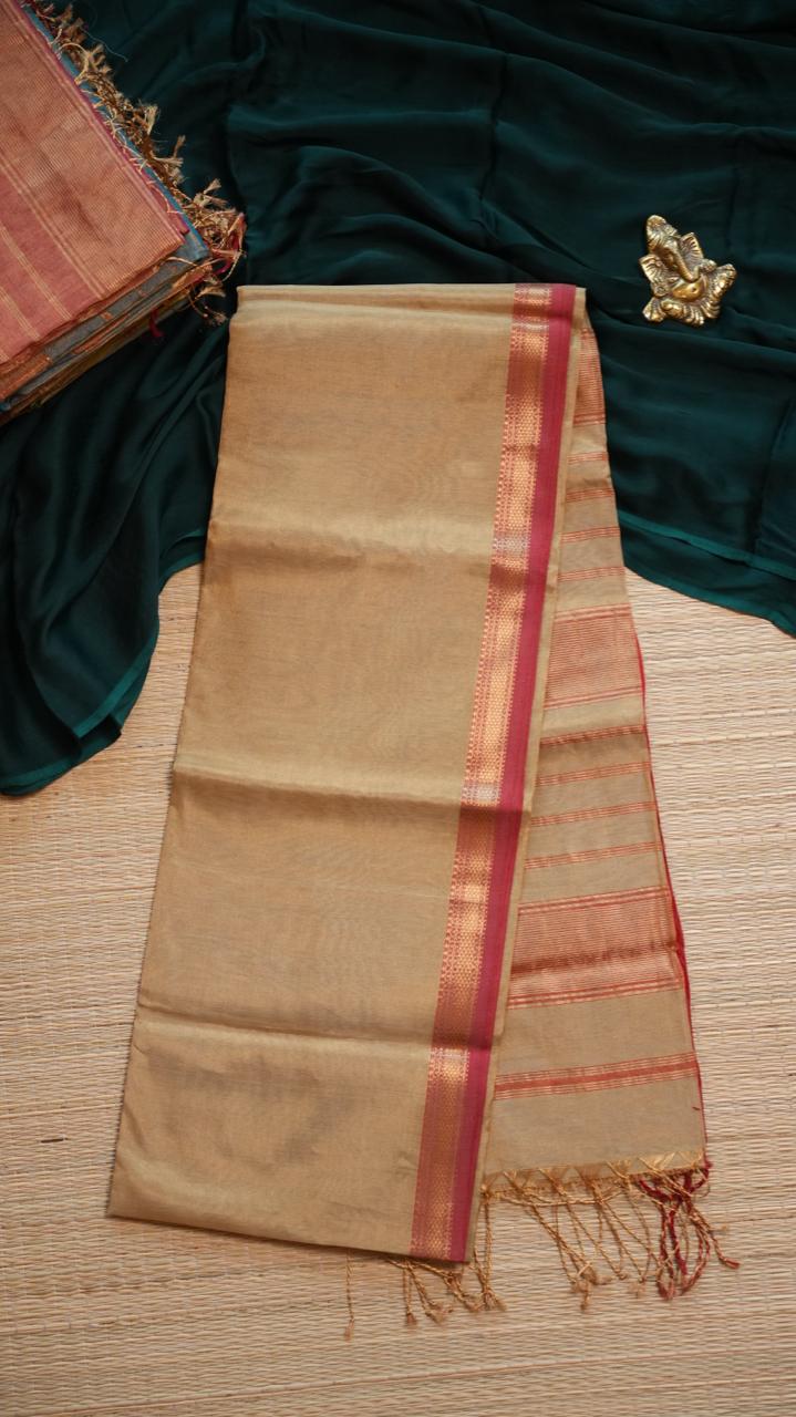Maheshwari Silk Cotton Tissue with Border Saree - 05-02B-05-10 (golden beige)