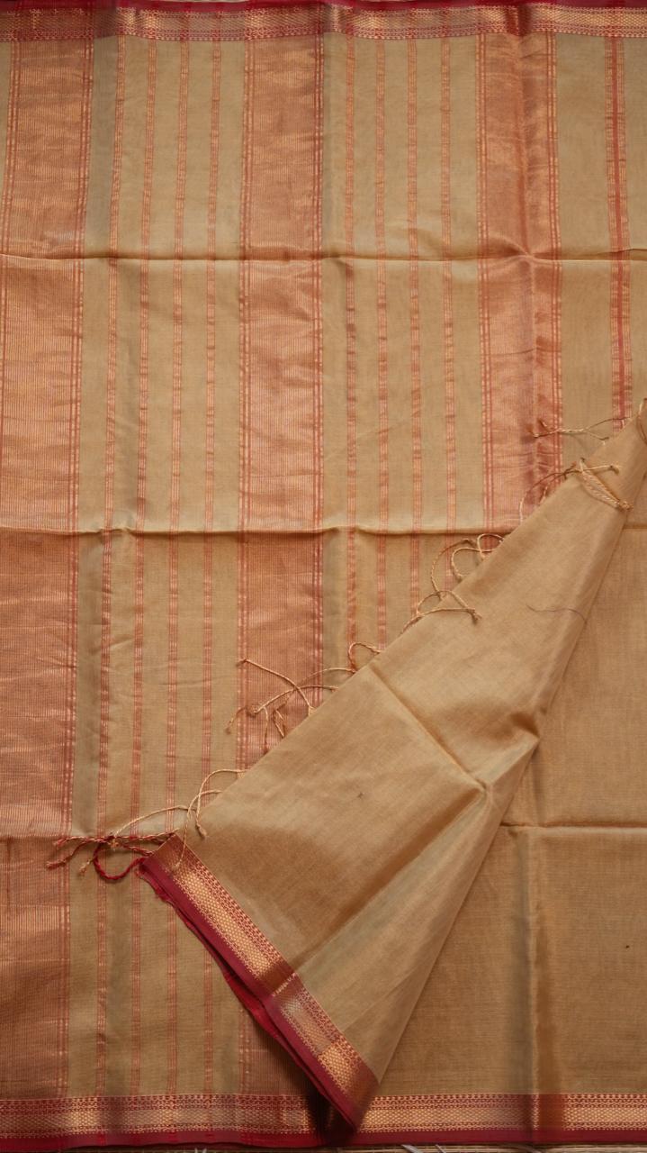 Maheshwari Silk Cotton Tissue with Border Saree - 05-02B-05-10 (golden beige)
