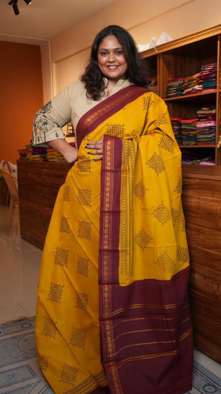 Kolam Small Border Madurai Cotton Saree -11-04B-01-7Y-08 (COREOPSIS)