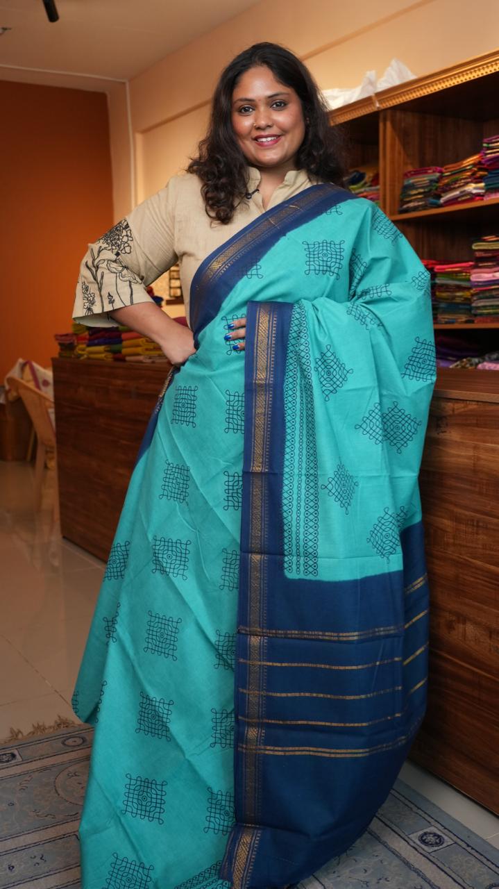 Kolam Small Border Madurai Cotton Saree -11-04B-01-7Y-06 (BLUE SUCCULENT)