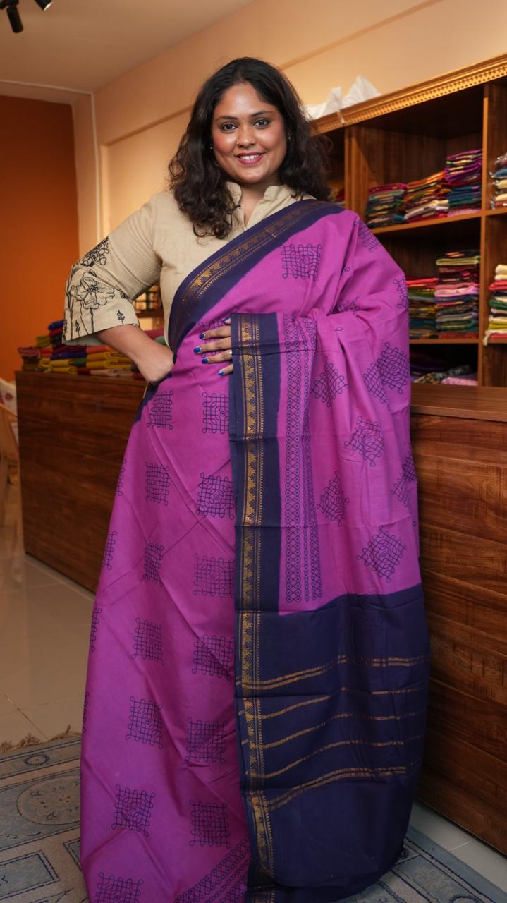 Kolam Small Border Madurai Cotton Saree -11-04B-01-7Y-01 (BOUGAINVILLEA)