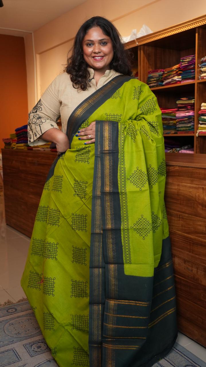 Kolam Small Border Madurai Cotton Saree -11-04B-01-7Y-04 (GREEN ORCHID)