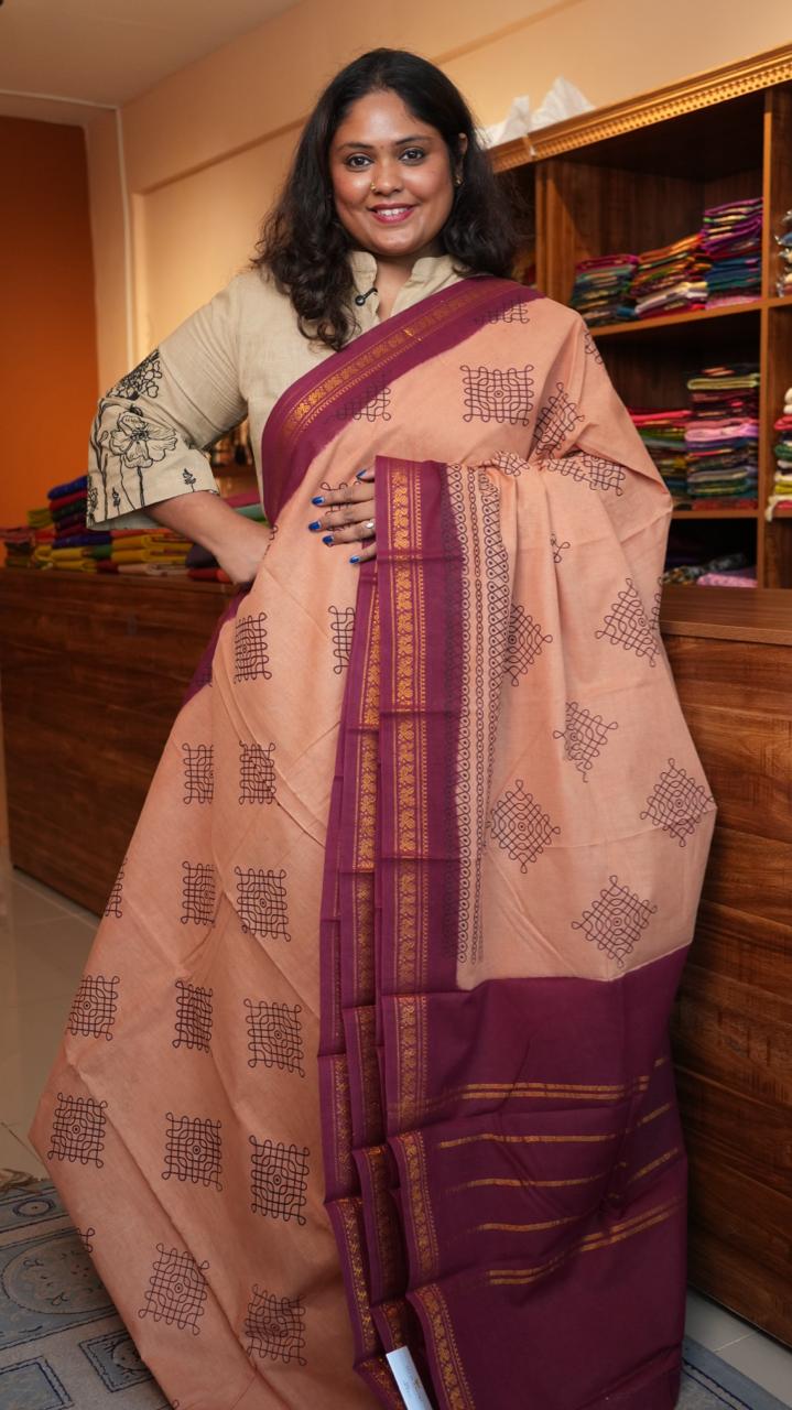 Kolam Small Border Madurai Cotton Saree -11-04B-01-7Y-05 (DAHLIA)