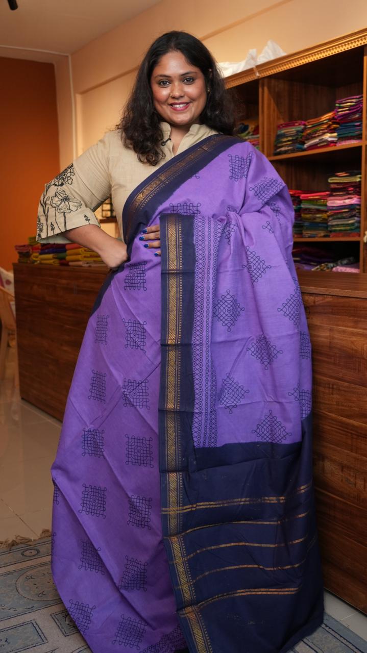 Kolam Small Border Madurai Cotton Saree -11-04B-01-7Y-02 (JACARANDA)