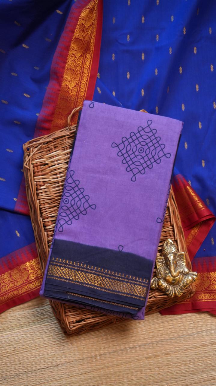 Kolam Small Border Madurai Cotton Saree -11-04B-01-7Y-02 (JACARANDA)