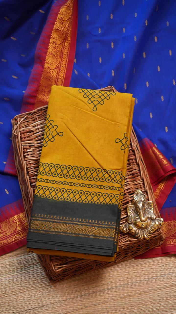 Kolam Small Border Madurai Cotton Saree -11-04B-01-7Y-03 (SUNFLOWER)