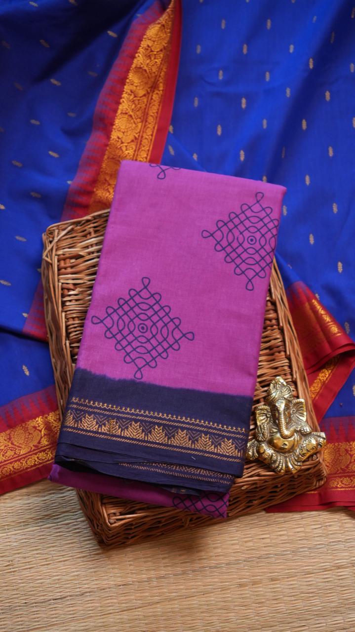 Kolam Small Border Madurai Cotton Saree -11-04B-01-7Y-01 (BOUGAINVILLEA)
