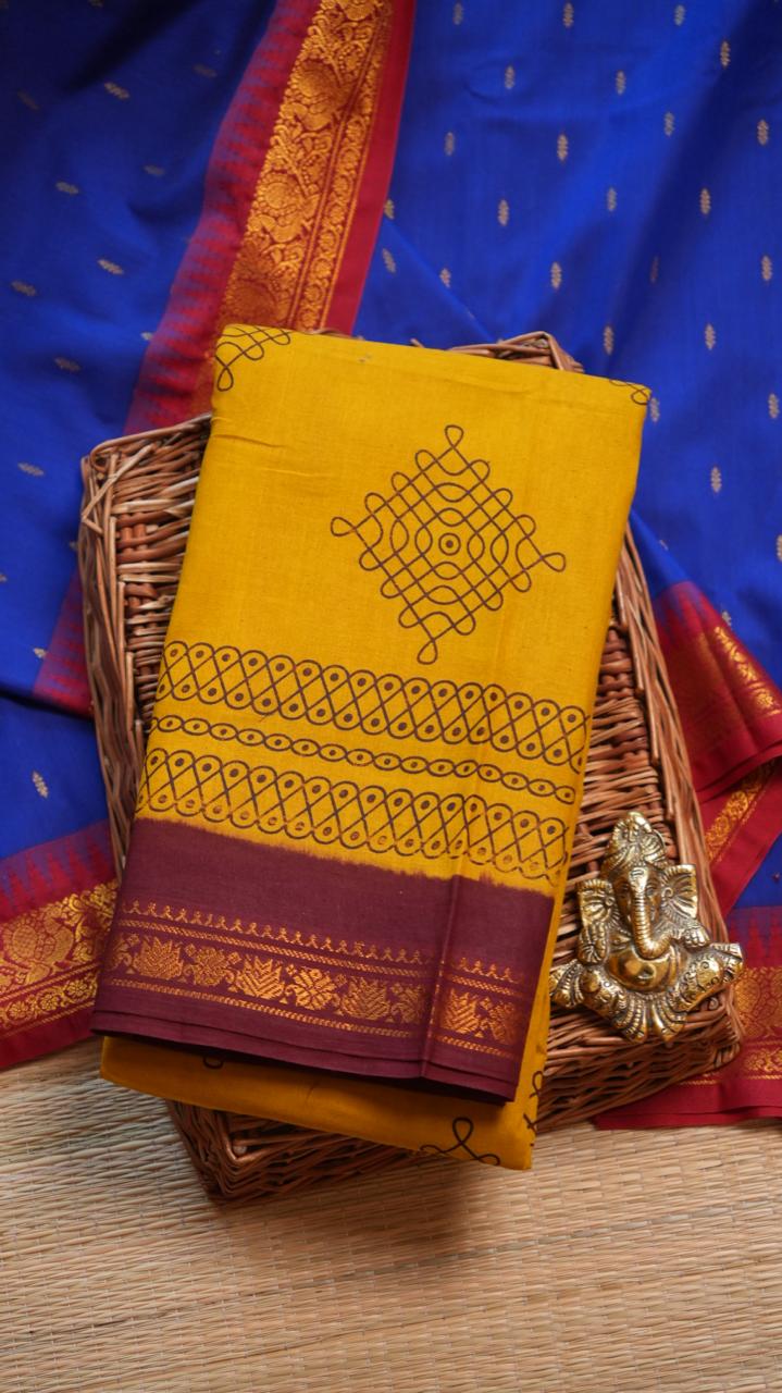 Kolam Small Border Madurai Cotton Saree -11-04B-01-7Y-08 (COREOPSIS)