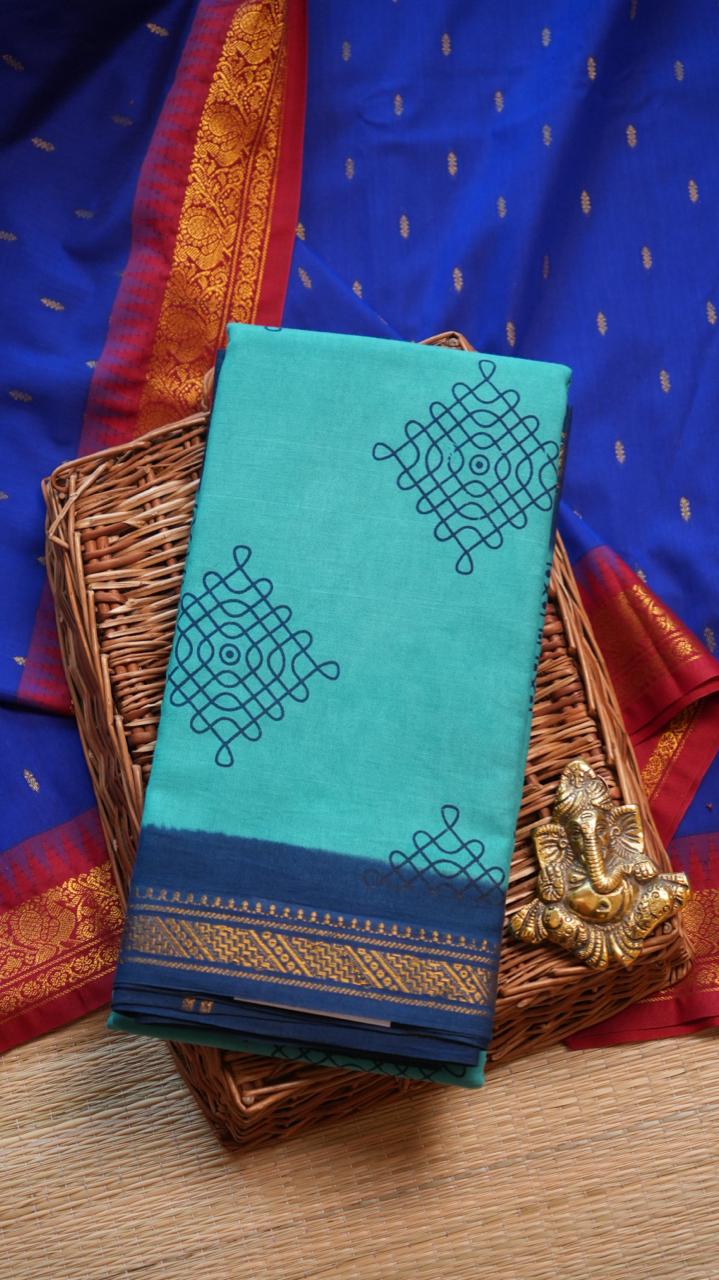 Kolam Small Border Madurai Cotton Saree -11-04B-01-7Y-06 (BLUE SUCCULENT)
