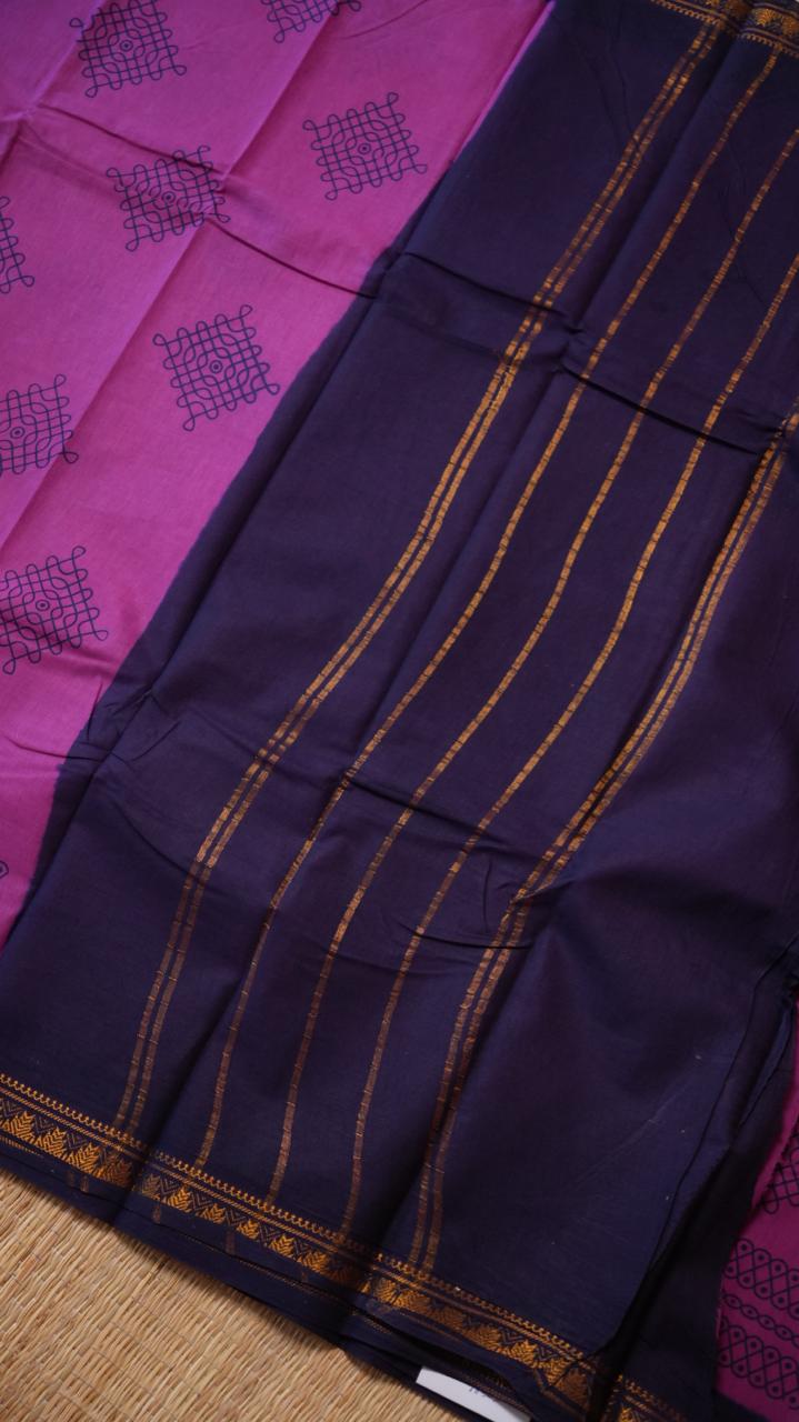 Kolam Small Border Madurai Cotton Saree -11-04B-01-7Y-01 (BOUGAINVILLEA)