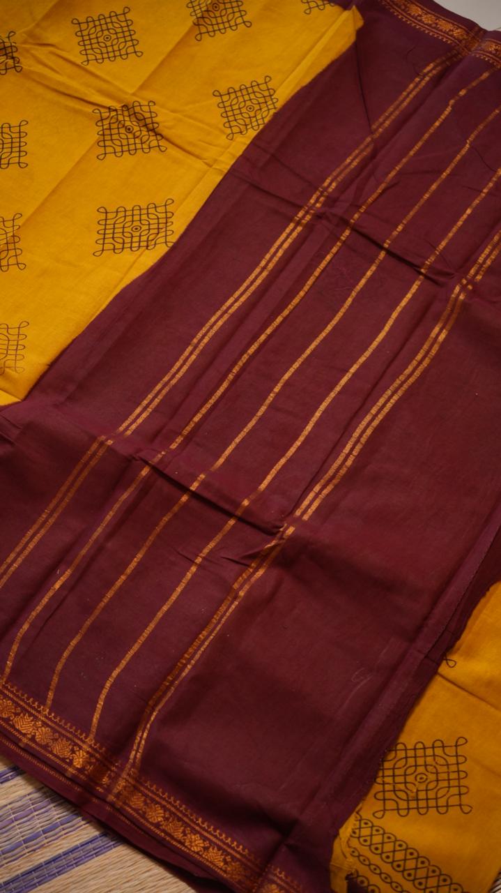 Kolam Small Border Madurai Cotton Saree -11-04B-01-7Y-08 (COREOPSIS)