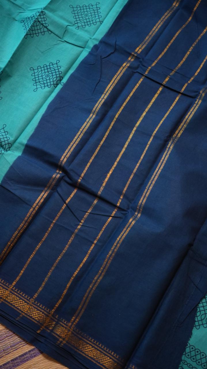 Kolam Small Border Madurai Cotton Saree -11-04B-01-7Y-06 (BLUE SUCCULENT)