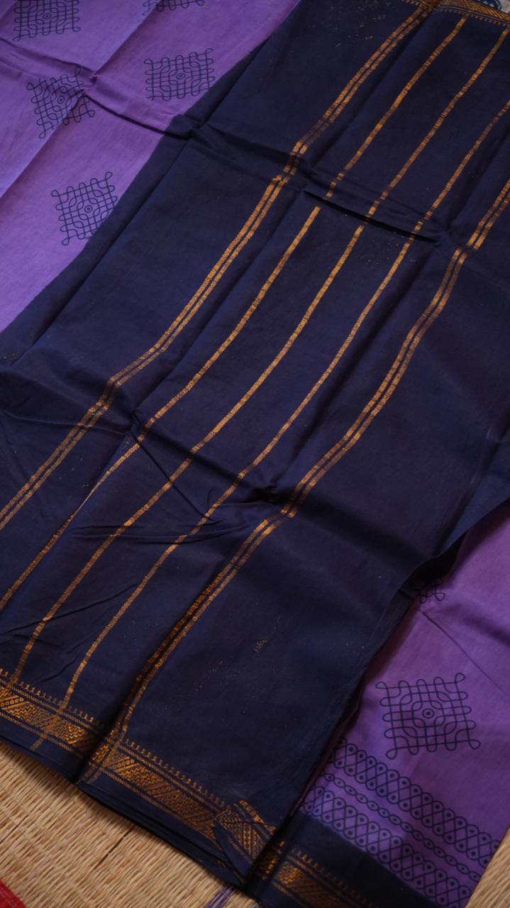 Kolam Small Border Madurai Cotton Saree -11-04B-01-7Y-02 (JACARANDA)