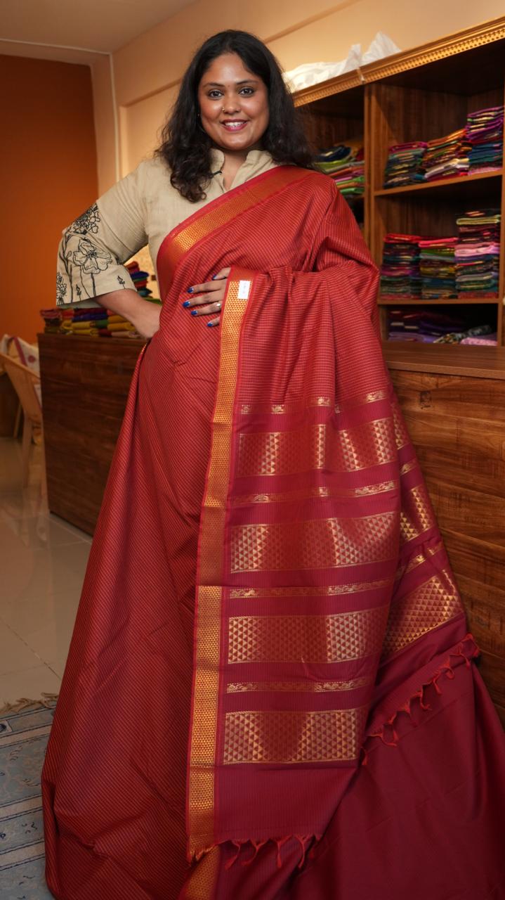 Semi Silk Podi Kattam Saree - 01-03-13-01 (FLAMENCO RED)