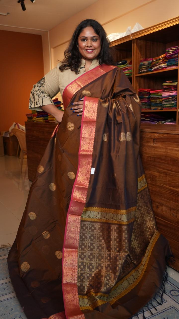 Kanchivaram Mercerised Cotton Saree - 01-03-09-02 (Chocolate and Pink)