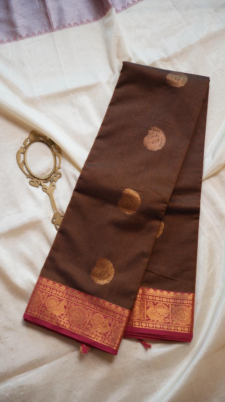 Kanchivaram Mercerised Cotton Saree - 01-03-09-02 (Chocolate and Pink)