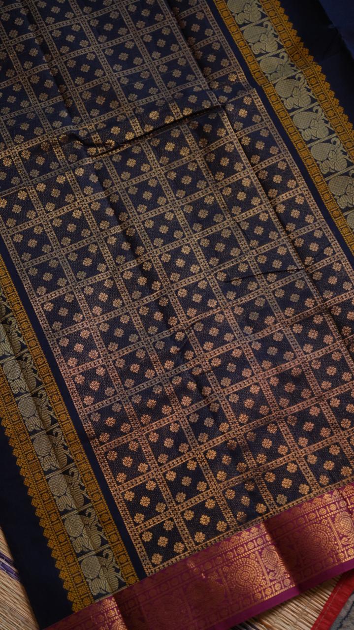 Kanchivaram Mercerised Cotton Saree - 01-03-09-11 (Darkest Blue)