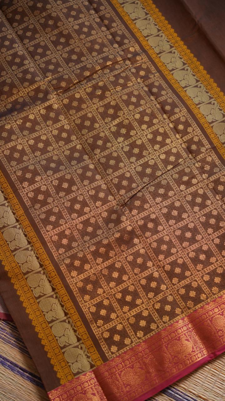 Kanchivaram Mercerised Cotton Saree - 01-03-09-02 (Chocolate and Pink)