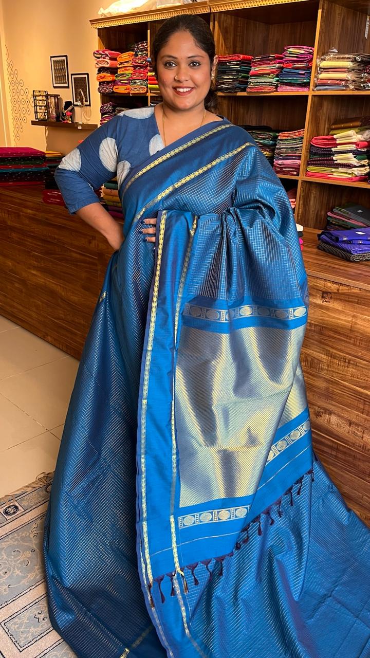 Semi Silk Kattam Saree - 01-03-14-11 (TEAL ZARI)