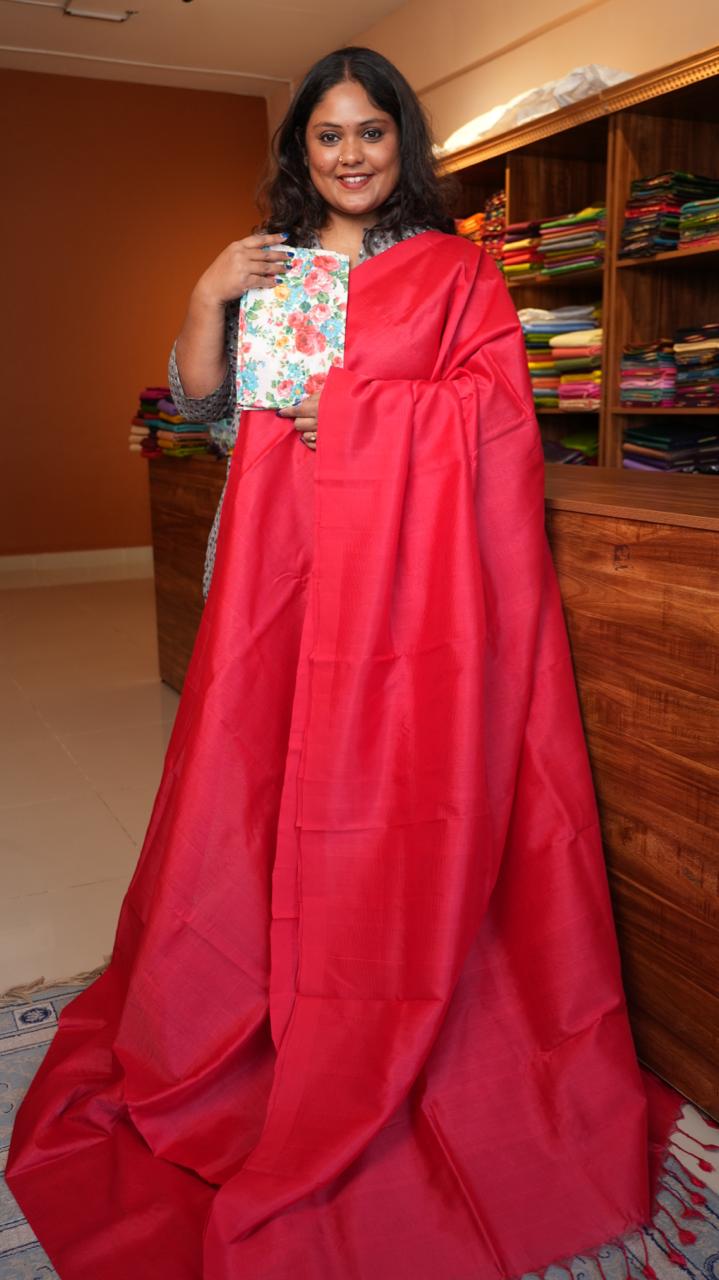 Mangalgiri Silk Cotton Plain Saree - 15-04-01-01 (Scarlet)