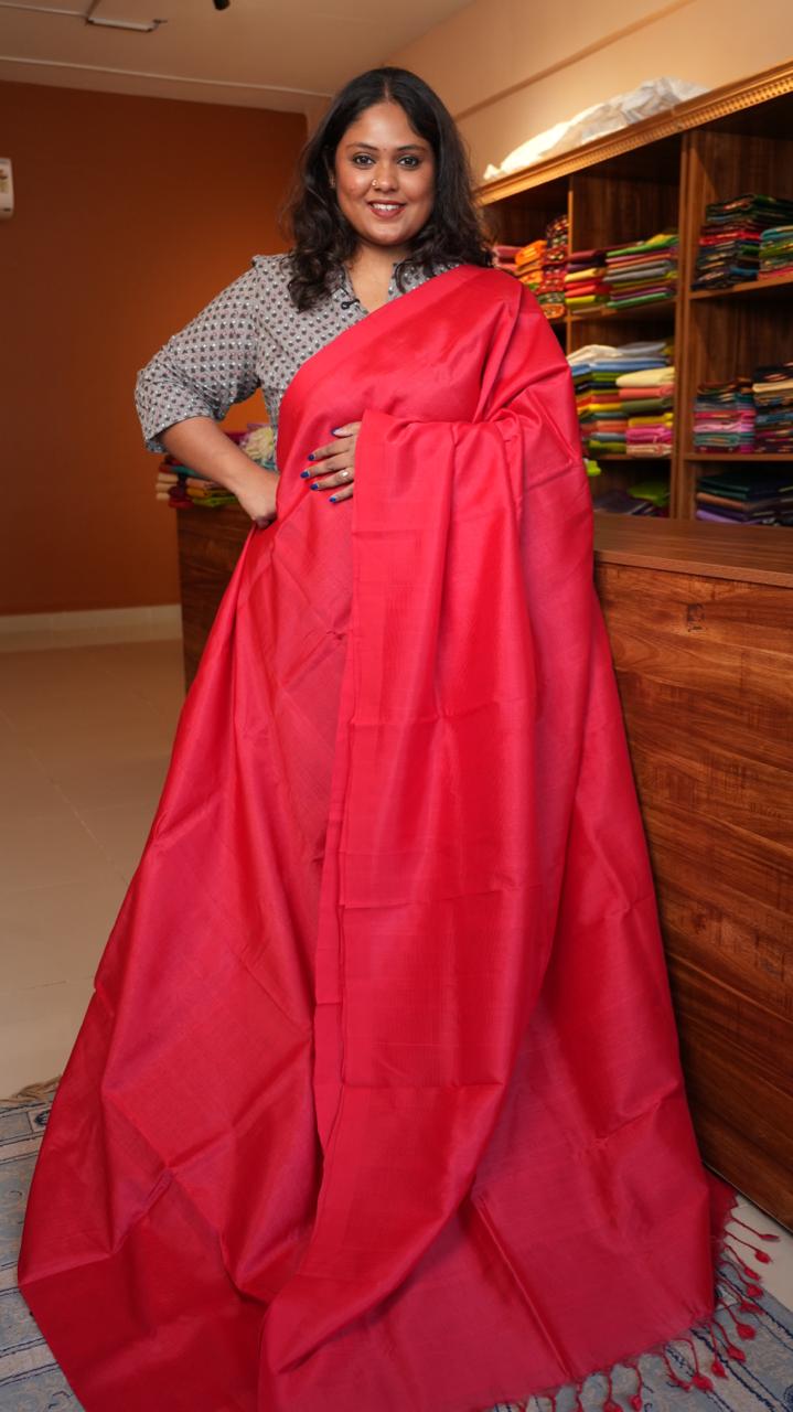 Mangalgiri Silk Cotton Plain Saree - 15-04-01-01 (Scarlet)