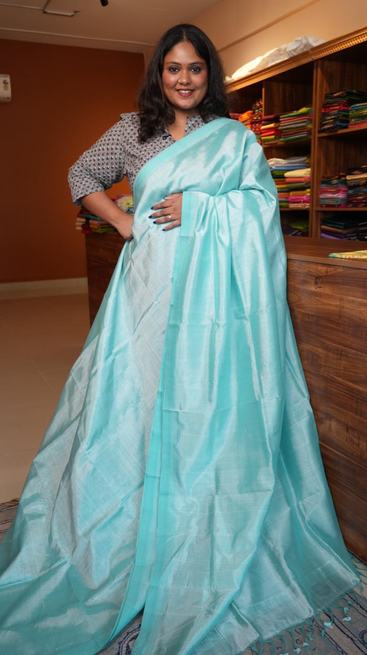 Mangalgiri Silk Cotton Plain Saree - 15-04-01-02 (Celeste)