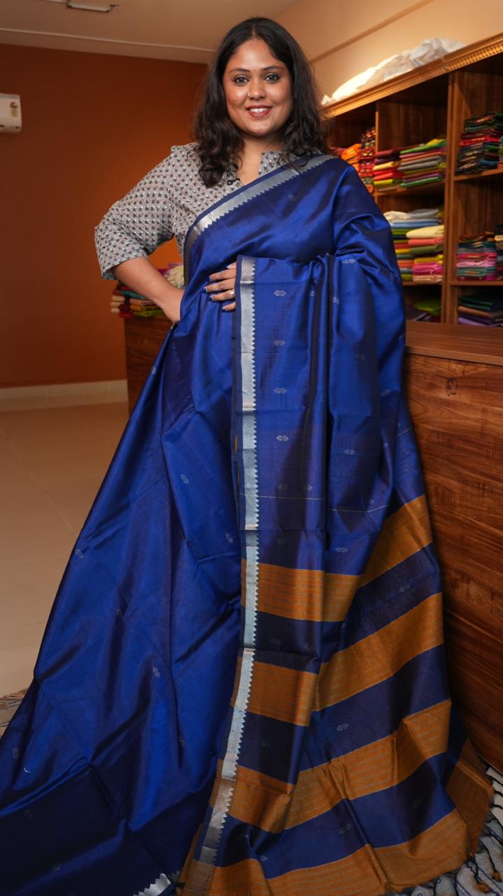 Mangalagiri Silk Cotton Saree Small Border with Bhuttis - SAPPHIRE WAVES (15-04-03-02)