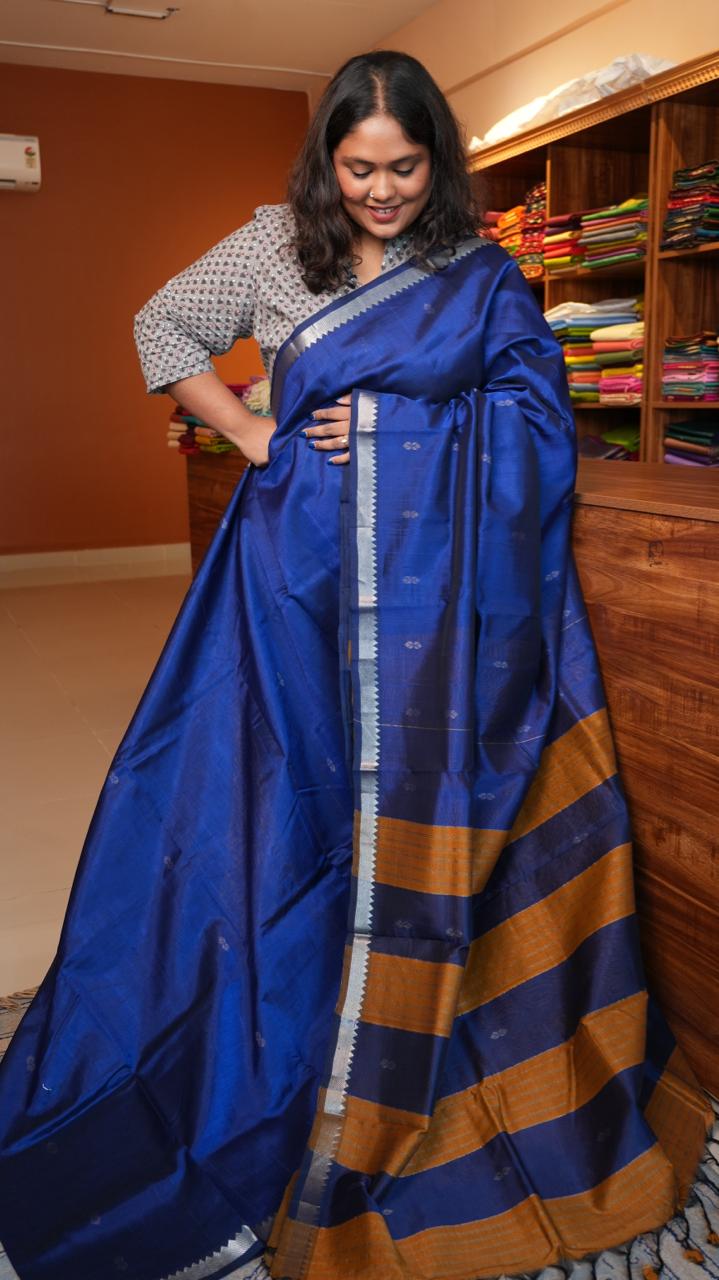 Mangalagiri Silk Cotton Saree Small Border with Bhuttis - SAPPHIRE WAVES (15-04-03-02)