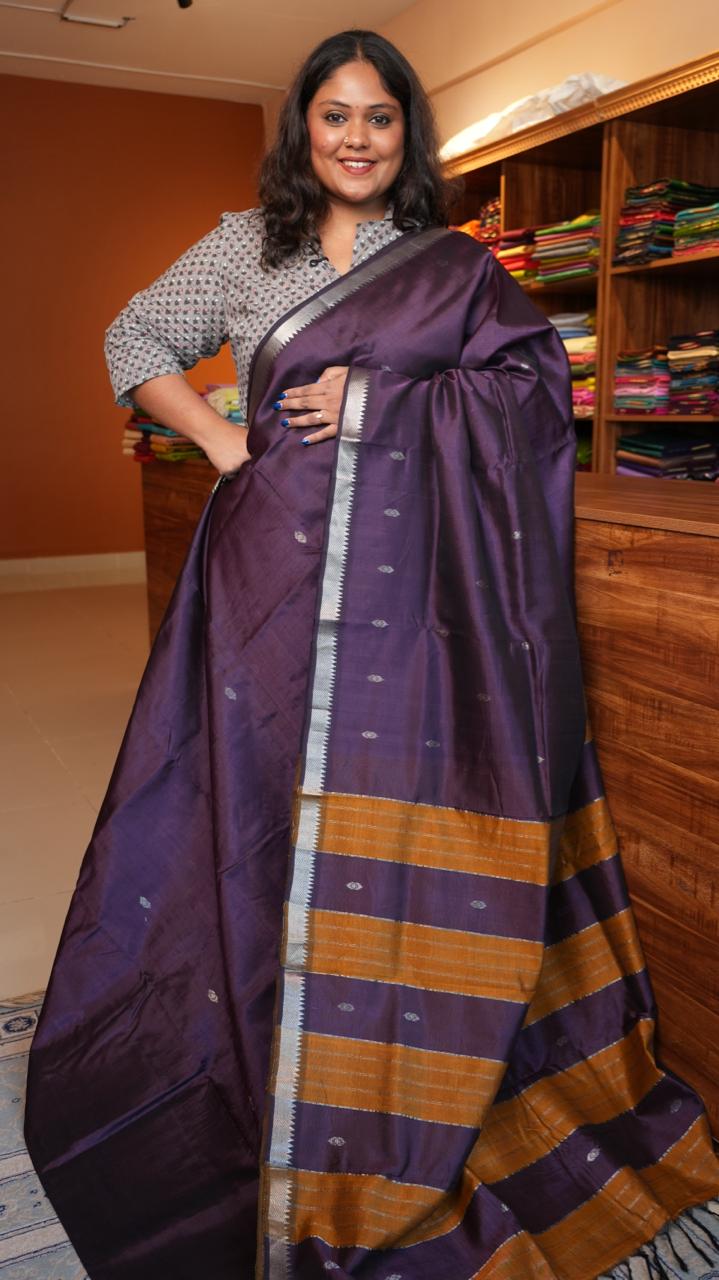 Mangalagiri Silk Cotton Saree Small Border with Bhuttis - VELVET DUSK (15-04-03-05)