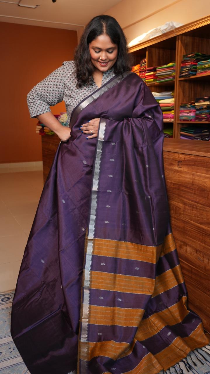 Mangalagiri Silk Cotton Saree Small Border with Bhuttis - VELVET DUSK (15-04-03-05)