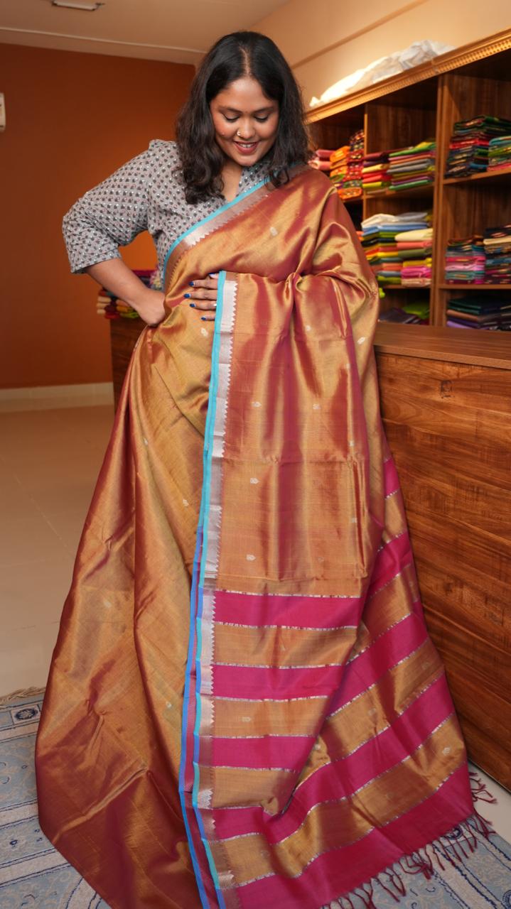 Mangalagiri Silk Cotton Saree Small Border with Bhuttis - SUNSET SILK (15-04-03-06)