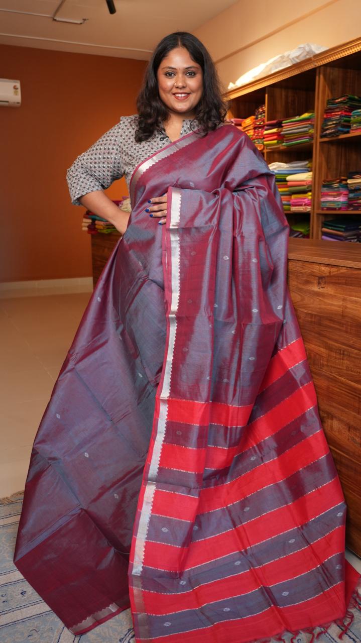 Mangalagiri Silk Cotton Saree Small Border with Bhuttis - CRIMSON SMOKE (15-04-03-08)