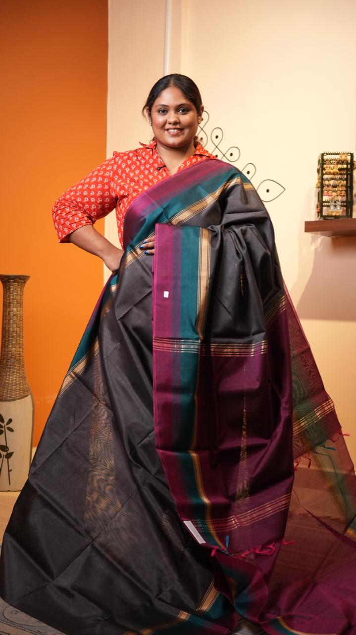 Kora Silk Cotton Saree - 04-04-04-03 (BLACK BEAN BLEND)