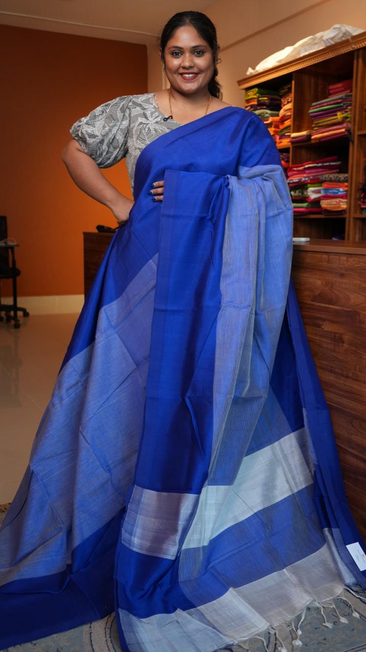 Mangalgiri Plain Silk Cotton Saree - 15-04-02-07 (KINGFISHER AZURITE)