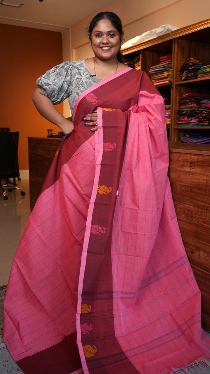 Handwoven Kanchi Cotton Sarees - 01-03-07-08 ( ROSE MILK)