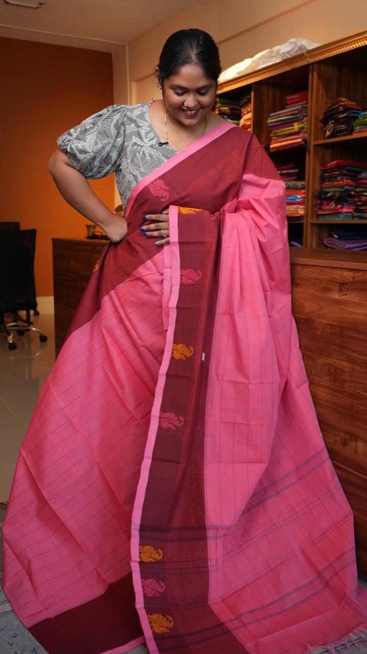 Handwoven Kanchi Cotton Sarees - 01-03-07-08 ( ROSE MILK)