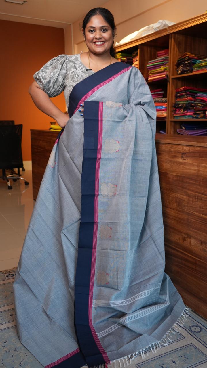 Handwoven Kanchi Cotton Sarees - 01-03-07-03 (CLOUDY GREY)
