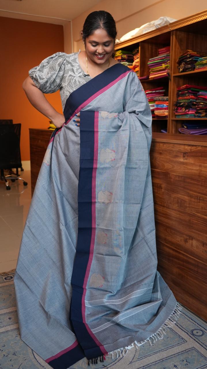 Handwoven Kanchi Cotton Sarees - 01-03-07-03 (CLOUDY GREY)